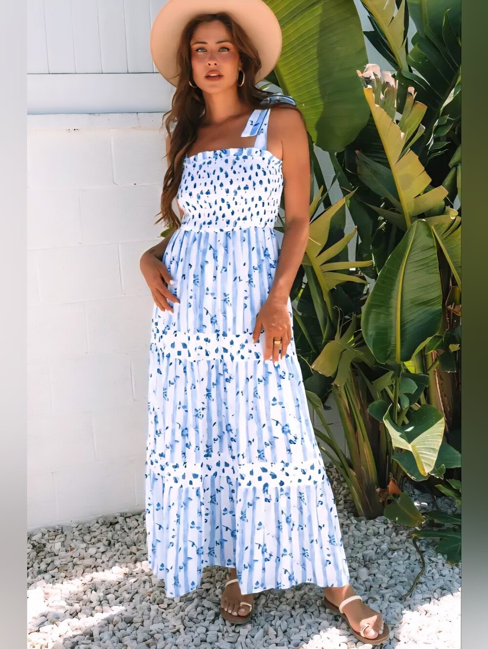 Sleeveless Floral Blue and White Tiered Maxi Dress